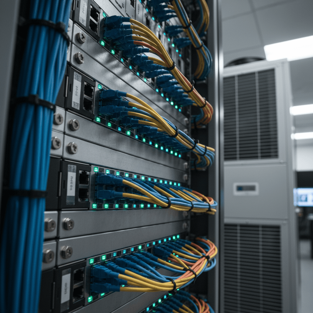 Server rack with active LED indicators and fiber optic connections in a datacenter environment